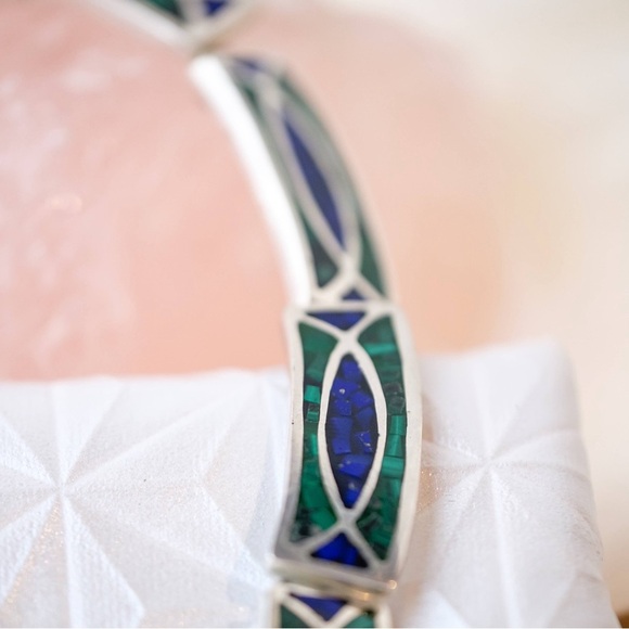 Vintage .925 Sterling Silver Choker Inlay necklace Lazuli Lapis & Malachite 90s - Picture 16 of 16